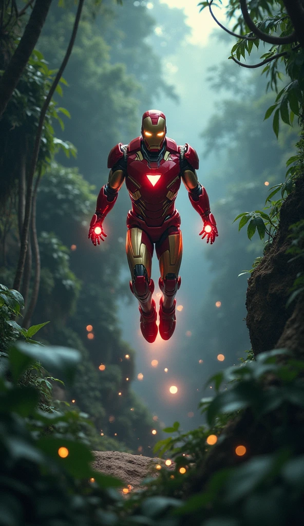 Ironman flying in deep jungle, fantasy jungle with lights and tresss