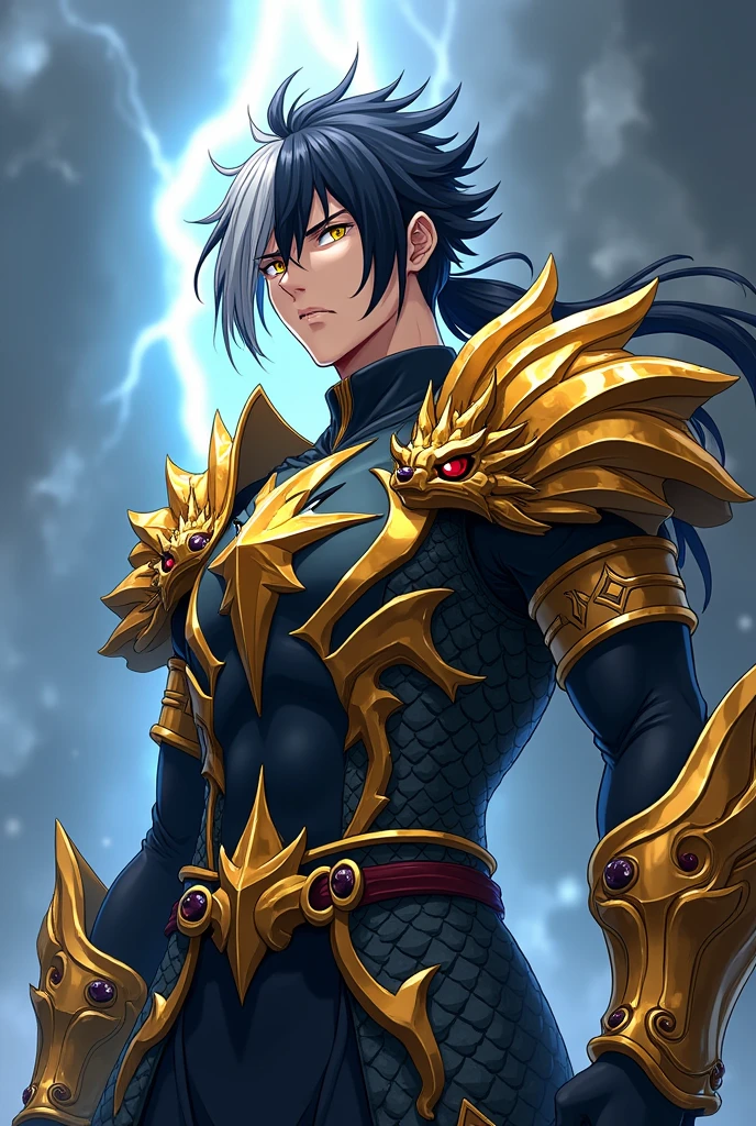 AKIRA, male anime character a half thunder dragon god, golden eyes and full of hate, hair with two colors silver half black long with.ponytail Dragon armor with scales and a golden dragon head on the shoulder pads, tall, thin, muscular character