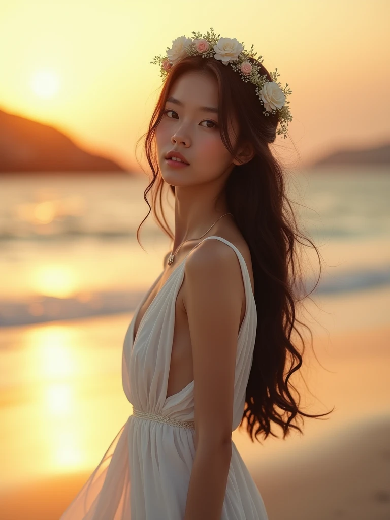 ((chef-d&#39;œuvre, 8k, Meilleure qualité, haute résolution:1.3)), (une jeune femme asiatique, Cheveux long et brun, (son visage est parfait avec des traits délicats:1.2), (elle a des sourcils épais:1.2), nez épaté, (elle porte une belle robe blanche de la Grèce antique:1.2), (sur sa tête se trouve un joli diadème composé de diverses fleurs colorées:1.2), (she is on a Greek island walking aLong the beach at sunset:1.2), (l&#39;image la capture à partir de la taille:1.2), (son corps est parfait et mince:1.2), (elle sourit pour la photo:1.4), (effet bokeh sur la photo:1.2), (Effet de vignette:1.2), (Appareil photo Canon EOS 5DS R, parfait pour capturer les détails et la beauté de la scène:1.2), (associé au Canon EF 85mm f/1.Objectif 4L IS USM:1.2), (La scène est baignée de douceur, Lumière chaude du coucher du soleil:1.2), (sa pose confiante et gracieuse mettant en valeur son élégance naturelle:1.2), (un moment figé dans le temps, capturer l&#39;essence de la beauté et de la sérénité grecques:1.3), (ultra photoréaliste, mettant en valeur ses traits et le cadre idyllique de la plage:1.3), (une image qui transporte le spectateur dans un moment captivant et romantique:1.2), (une scène qui illustre la beauté de la forme humaine dans un cadre intemporel:1.2), (((SFW))), Cinématique, hyper détaillé, détails fous, Magnifiquement étalonné en couleurs, Cinématique Lightning, incroyablement détaillé et complexe, Hyper maximaliste, volumétrique, en couleur, HDR, Faible profondeur de champ, film hollywoodien à gros budget, cinémascope, lunatique, épique, magnifique
