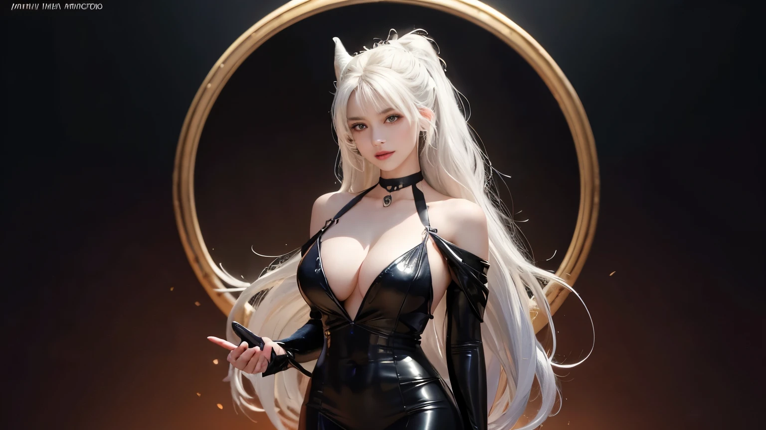 In a masterful display of artistic prowess, Lucifer from Helltaker emerges as the focal point of a hyper-realistic 8K human portrait. Clad in a formal suit featuring a striking red shirt, black pants, and a matching black necktie, she commands attention with her serene expression and captivating smile, her gaze fixed directly upon the viewer. She has the face of ((https://images.fineartamerica.com/images/artworkimages/mediumlarge/3/1-gorgeous-blonde-with-big-breasts-mihai-b.jpg)). Her eyes, almond-shaped and bewitching, mesmerize with their striking red crimson irises, framed by gracefully arched eyebrows and thick, voluminous lashes that curl upwards. Luxuriant waves of light-white hair cascade around her, catching the light in subtle platinum highlights, while her smooth, porcelain-like skin radiates a subtle glow, suggesting vitality and allure, an elegant mix of botanical and geometric patterns that enhance her already captivating presence. Her attire, a black dress and a choker around her neck, serves to underscore her beauty and sophistication. Standing tall and confident, Lucifer possesses very large bosoms, fitting into an I-sized cup, (mature female, milf:1.3). Rendered with meticulous attention to detail and realism, this portrait captures every nuance of Lucifer's appearance, from the delicate contours of her face to the subtle textures of her clothing and skin. Set against a deep matte black background, she stands as a timeless symbol of beauty and allure, her dynamic pose and perfect anatomy drawing the viewer into her world. This high-resolution masterpiece transcends mere artistry, offering a glimpse into the depths of Lucifer's character and personality. With its cinematic composition and meticulous attention to detail, a true masterpiece in every sense of the world. full body. large breasts, heavy makeup, detailed Tokyo street , smile, white hair, blush, eyeliner, white lips. tight waist (45 cm). She has an american (amero-japanese race) like face.