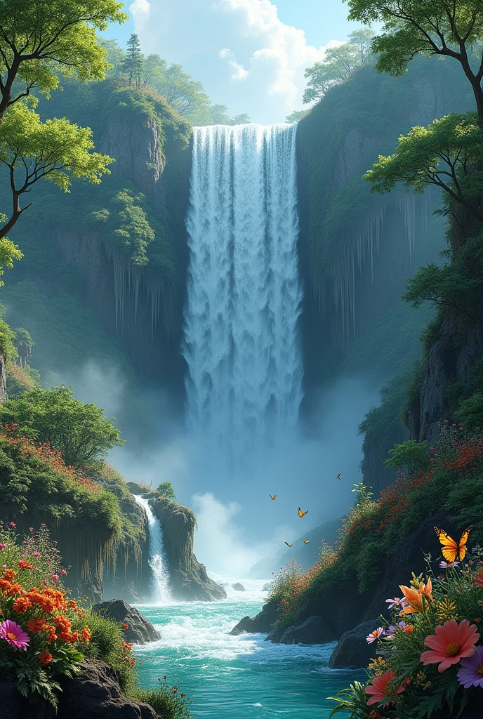 A stunning, cascading waterfall surrounded by lush greenery and maybe some exotic flowers.