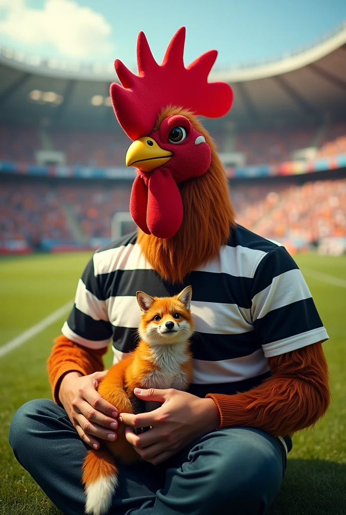 Human ROOSTER in black and white striped shirt holding a little fox on his lap inside a football stadium color image 