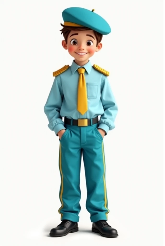 12 year old boy with long sleeved light blue shirt, Turquoise blue pants with a straight line on the side in gold, Simple golden shoulder pads, gold tie, black shoes and turquoise blue beret