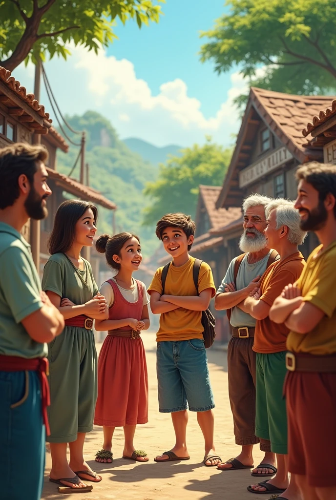 Five friends are talking with the villagers