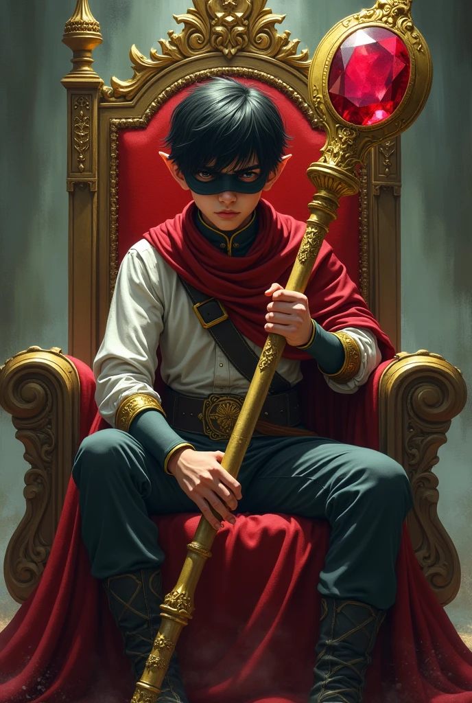 Medieval fantasy rpg character young elf man with short dark hair, with one eye blindfolded and a depressed expression/tired sitting on a throne carrying a large golden ruby staff