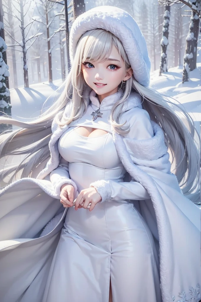 masterpiece、Highest quality、1 girl, winter, platinum blonde hair, Cute girl, smile, close mouse, medium breasts, sideboob, cleavage, white dress, winter clothes, long skirt, Fur coat、Small waist、Thin legs、outdoors, snow falling