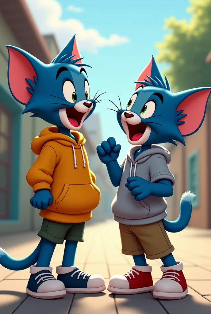  tom the cat in hoodie outfit goofing off with best friend girl tom who looks exactly like him in boyish outfit from tom and jerry cartoon both have blue fair 