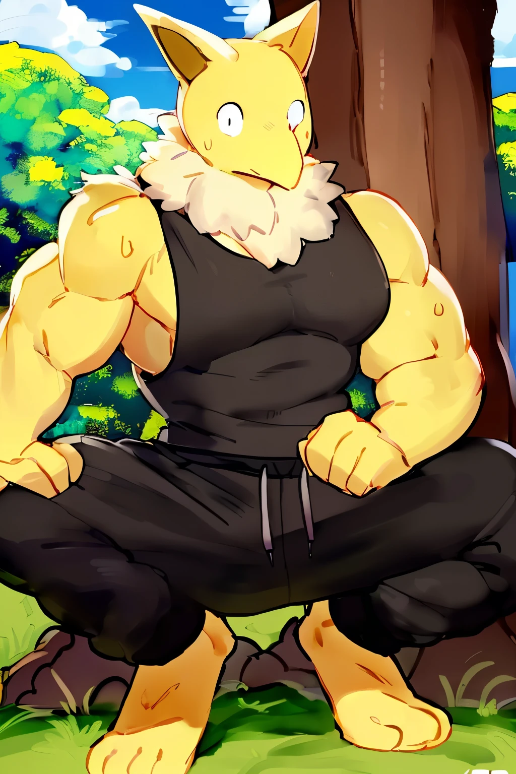 Furry, Anthro, solo, Hypno, Male, (((muscular body, massive thighs, massive male pectorals, yellow skin, fluffy neck, wearing white fur around neck, sitting up against tree, knee up, hand on knee, looking at viewer))), ((((massive biceps)))), ((((((massive bulky torso, wearing black tanktop, wearing black sweatpants, barefoot, wide-eyed, head tilted)))))), full body shot, side view, meadow, forest, clouds, sky, by buta99, by zackary911, by bebebebebe, (((digital painting)))