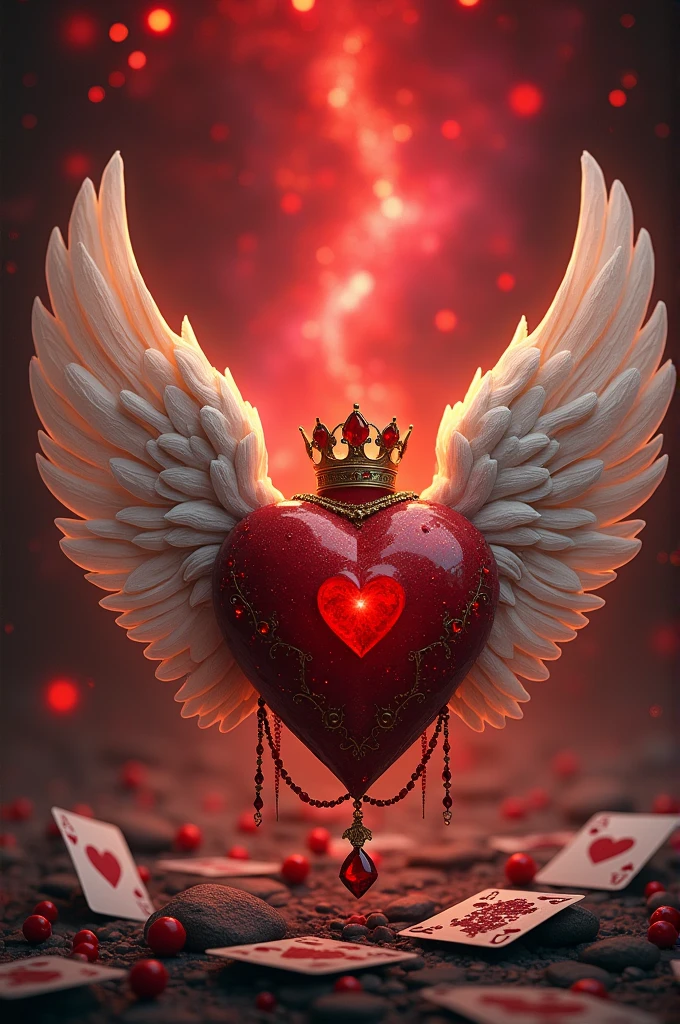 heart with wings, behind a galaxy of red stars, with a golden crown with many blood gems, Alice in Wonderland type, with poker cards