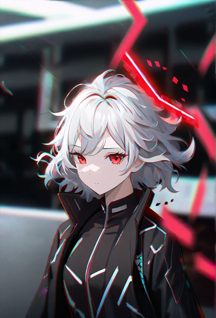 1girl, white hair, wild hair, red eyes, (white eyelashes:1.2), emotionless, red glow halo, mature, black coat, short hair, (chromatic aberration:1.2), corrupt image, reality break, destruction city, solo, (evil godness:1.2), digital dissolve, ambient energy, dynamic pose