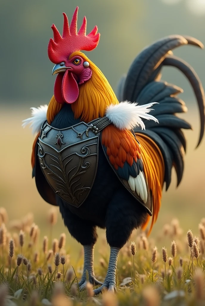 I want you to create an image of a dwarf rooster, blackw, with a white feather in each wing, with yellow tail feathers, the red crest, the white legs, he dressed in armor, being in a field with low grass
