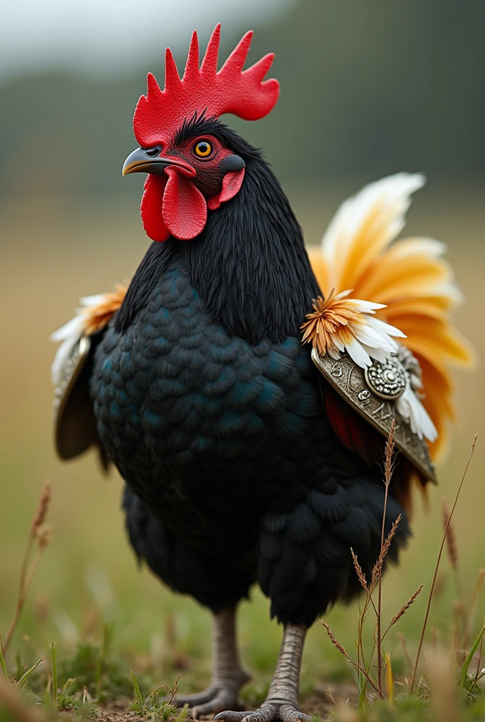 I want you to create an image of a dwarf rooster, blackw, with a white feather in each wing, with yellow tail feathers, the red crest, the white legs, he dressed in armor, being in a field with low grass