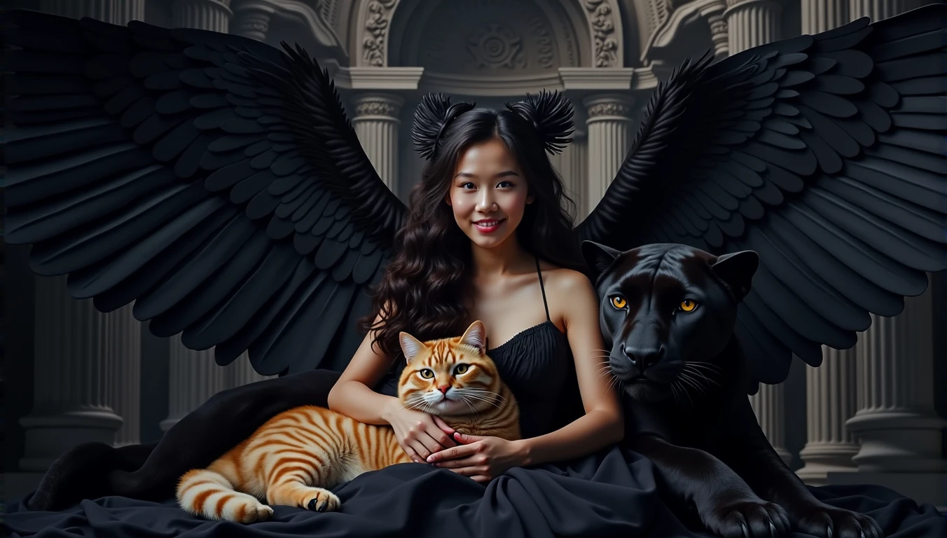 a intense kindness grin Asian thai woman 29yo.,wavy mullet hair, enigmatic, is dressed as a Greek-Roman angel with pitch-black wings, exuding power and awe. sHe laying in hug of a massive strong black panther that moves with silent grace. In her arms, creating a tender contrast against the dark roman architecture backdrop, highlights the juxtaposition of the imposing panther and she hug a chubby orange cat, blending power with tenderness and mystery