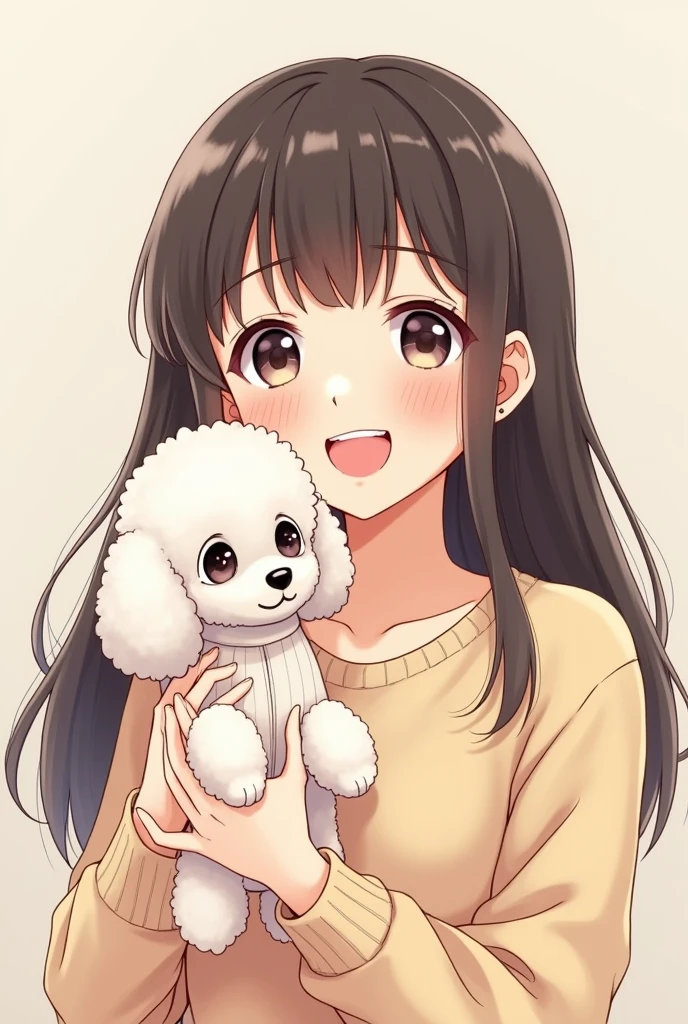20-year-old woman(Hair below shoulders、Straight inward curl、Bangs are 8:2. Flush and separate、The expression is a smile with eyes open)and a brown toy poodle(Small body and ears、Eyes are black、Wearing white knitted clothes、Deformed as much as possible)
Draw with anime illustrations