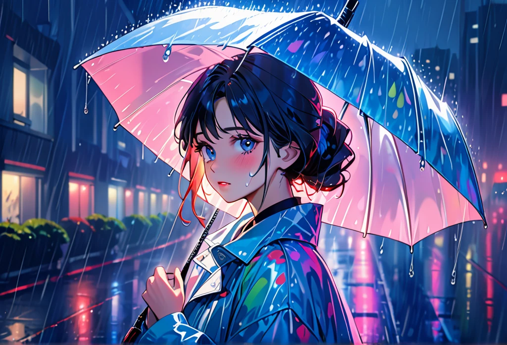 One Girl,City of night,rain,coat,Put your hands in your pockets,rainbow colored raincoat,dance in the rain,Highest quality, High resolution, Very detailed, Realistic:1.37, Close to cool colors,Desaturate, Portraiture, Soft lighting, Long eyelashes, Sparkling eyes, Glossy Lips, Detailed skin, Retro pattern, pastel colour, ((Crying 1.2)), ((Tears:2.0),, ((Sad look:1.8)),, Dreamy atmosphere, Elegant pose, Nostalgic atmosphere, Sparkling Highlights, Perfect Skin, 80s Fashion, Retro Hairstyles, Pink blush, Delicate features, Diamond-like eyes,((rain squall:2.8)),((intersection))((High rise residential buildings dark city silhouette background:2.0))、Are crying、Completely exhausted、