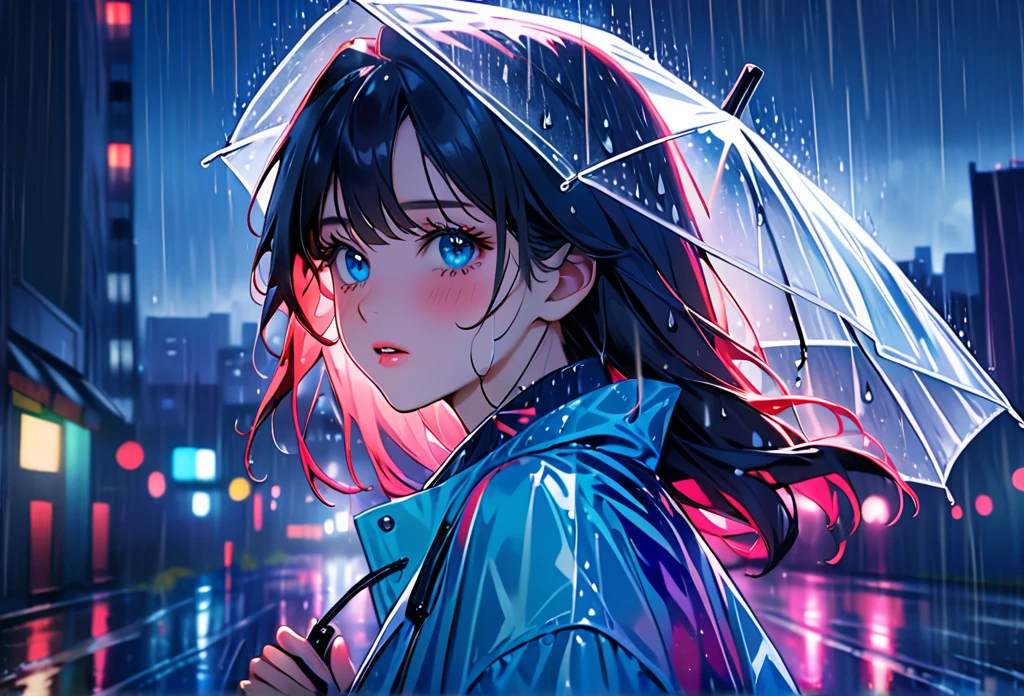 One Girl,City of night,rain,coat,Put your hands in your pockets,rainbow colored raincoat,dance in the rain,Highest quality, High resolution, Very detailed, Realistic:1.37, Close to cool colors,Desaturate, Portraiture, Soft lighting, Long eyelashes, Sparkling eyes, Glossy Lips, Detailed skin, Retro pattern, pastel colour, ((Crying 1.2)), ((Tears:2.0),, ((Sad look:1.8)),, Dreamy atmosphere, Elegant pose, Nostalgic atmosphere, Sparkling Highlights, Perfect Skin, 80s Fashion, Retro Hairstyles, Pink blush, Delicate features, Diamond-like eyes,((rain squall:2.8)),((intersection))((High rise residential buildings dark city silhouette background:2.0))、Are crying、Completely exhausted、