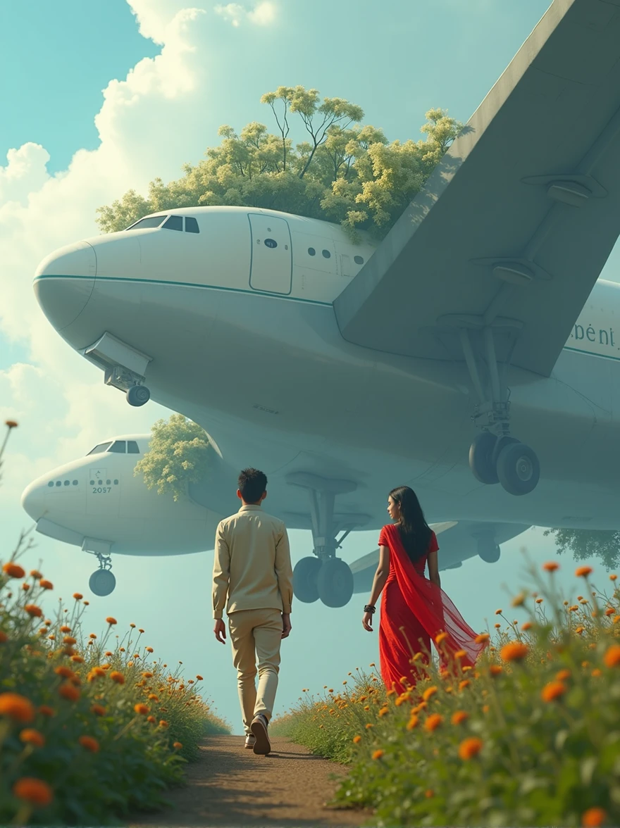 There is a very big aeroplane and there is a 22 year old Indian boy and he has a girlfriend who is wearing a red coloured saree both are above the aroplane and the garden is settled on the aroplane the girl is walking the little shy  and the boyfriend is behind him. HD Ultra realistic art image