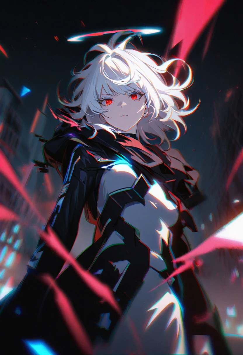 1girl, white hair, wild hair, red eyes, (white eyelashes:1.2), emotionless, red glow halo, mature, black coat, short hair, (chromatic aberration:1.2), corrupt image, reality break, destruction city, solo, (evil godness:1.2), digital dissolve, ambient energy, dynamic pose
