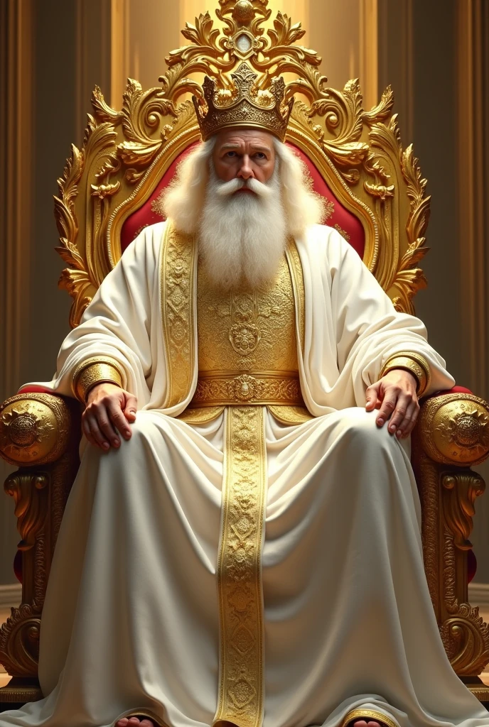 a man with posture, powerful and majestic, with big white hair and a big white beard, with large white robes, with a breastplate, with a golden belt and a large shining crown of gold on his head sitting on a great and exalted throne all of gold
