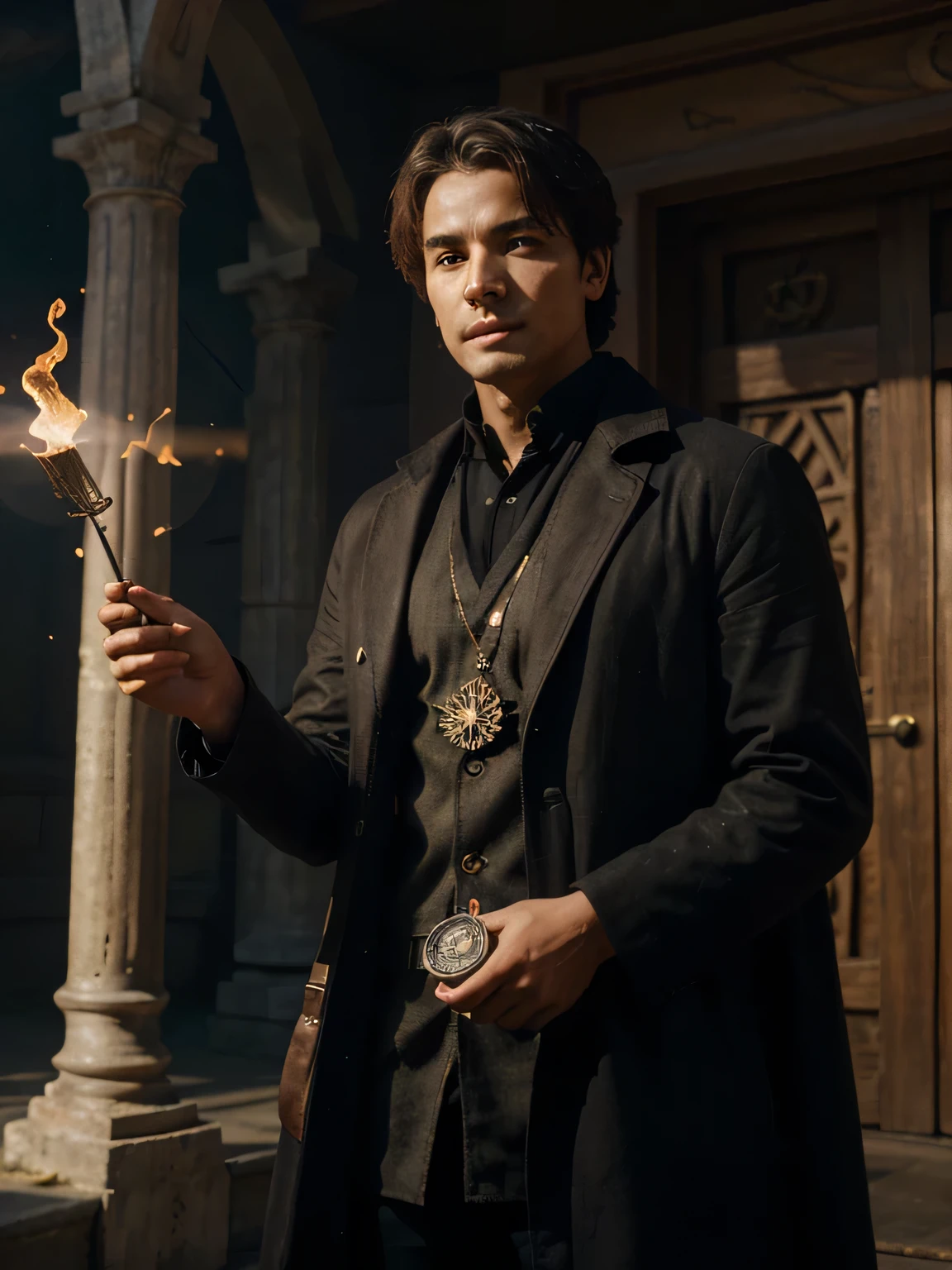A man dressed in casual clothes but with deep eyes and extraordinary temperament stands in the center or foreground of the picture, holding a seemingly ordinary but mysterious object (such as a talisman, a magic weapon, or an artifact disguised as a product of modern science and technology) with a smile on his face, revealing a kind of self-confidence and calmness that is beyond the realm of the ordinary.
Incorporate some ancient and mysterious symbols, totems or formation patterns around the protagonist or in the background. These elements can be hidden lines, light and shadow effects, or directly drawn patterns, which serve as hints to the protagonist's identity and ability, and also add to the mysteriousness of the picture.
Through some detailed designs, such as strange plants suddenly appearing on modern buildings, and the intersection of ancient spells floating in the air and modern flying machines, etc., it shows the marvelous fusion of the elements of the two worlds after the protagonist returns to Earth from the otherworldly world.
The clever use of light and shadow is utilized to emphasize the protagonist's subject position, while creating a dreamy yet realistic visual effect. In particular, the objects in the hands of the protagonist and the mysterious symbols around him should appear even more mysterious under the light.
