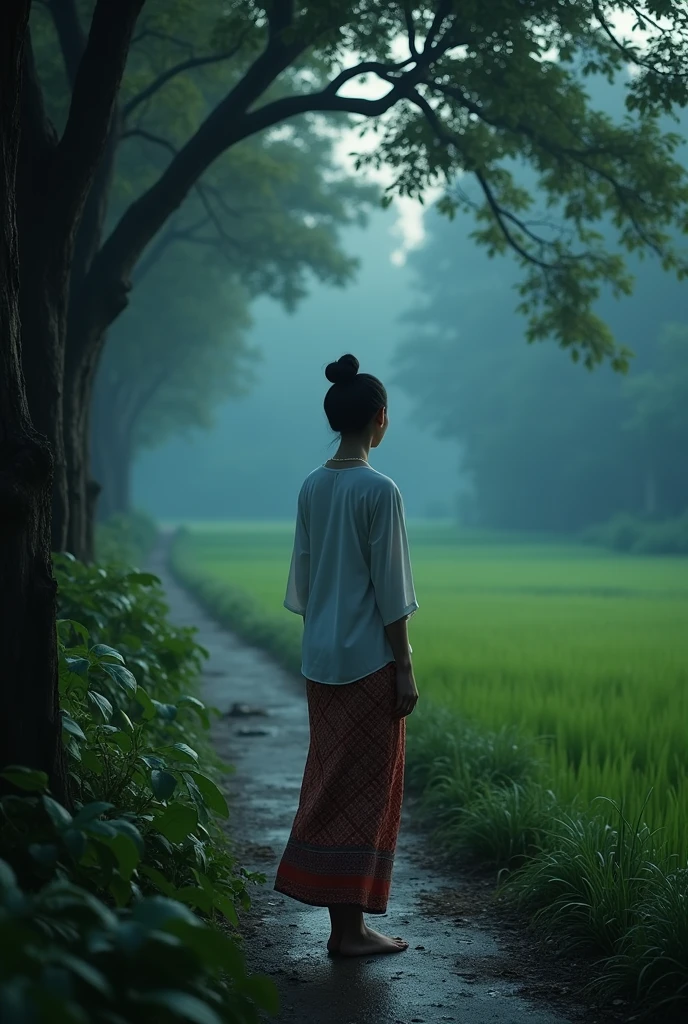 A woman wearing a white Javanese kebaya, brown batik cloth with a simple bun, barefoot and facing away from the screen at night on a footpath surrounded by trees and rice fields.