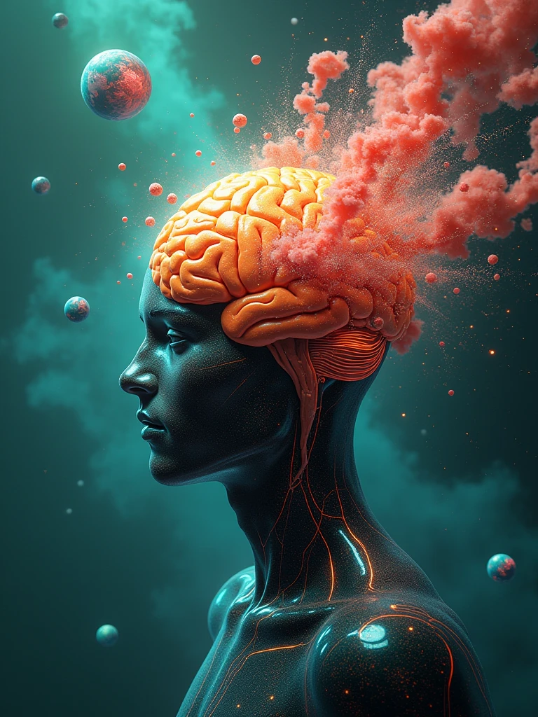 "human brain concept","explosion of great ideas",""knowledge explosion","futuristic brain","with hypnotic colors","azul vibrante","vibrant green","vibrant red","vibrant orange","lots of glow","super car thoughts","thoughts of futuristic planes","thoughts of curious items","higtech device thoughts","fundo futuristico","exus planets in the background"