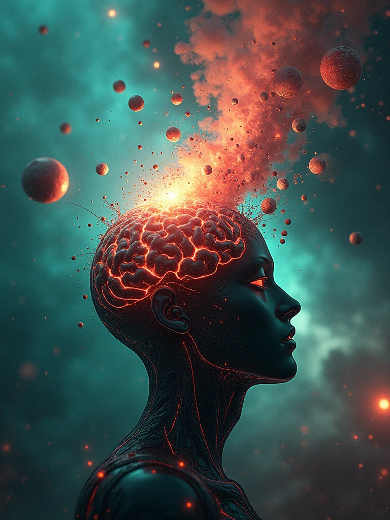 "human brain concept","explosion of great ideas",""knowledge explosion","futuristic brain","with hypnotic colors","azul vibrante","vibrant green","vibrant red","vibrant orange","lots of glow","super car thoughts","thoughts of futuristic planes","thoughts of curious items","higtech device thoughts","fundo futuristico","exus planets in the background"