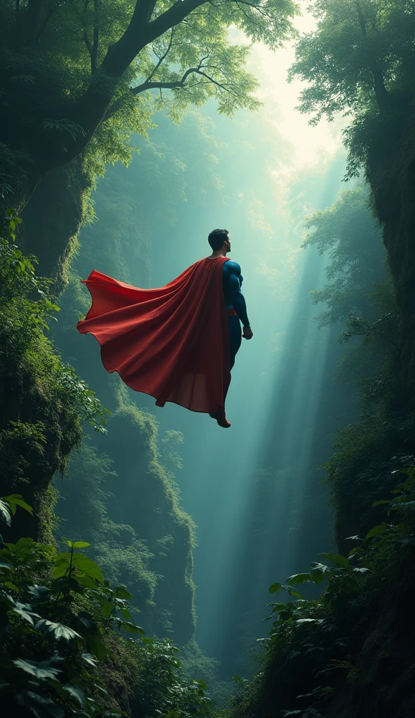 Superman flying in deep jungle, fantasy jungle with lights and tresss
