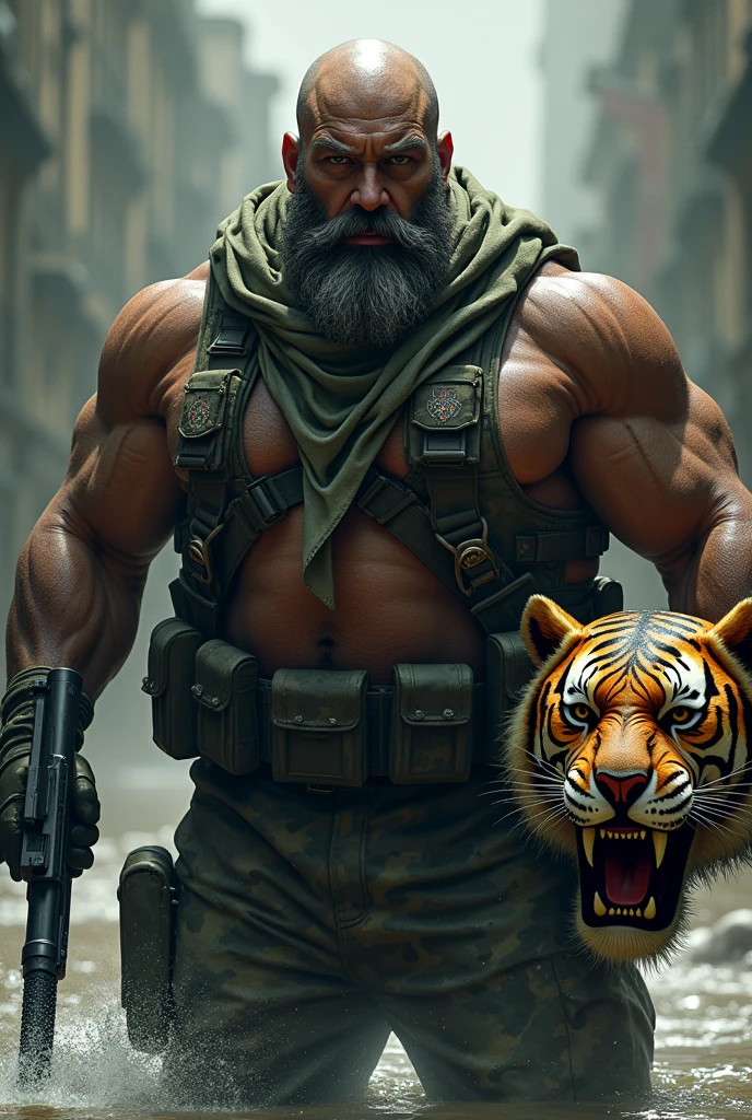 (a dark-skinned fat muscular bearded old man in army camouflage wetsuit) carrying a gun in right hand, (carrying realistic roaring tiger mask in left hand), (wearing army camouflage bandana), dynamic action pose, fierce expression, showcasing an imposing stature, surrounded by military elements, dramatic shadows and intense highlights, cinematic color tones, high detail, powerful, art influenced by Bruce Onobrakpeya and Stanley Artgerm, ultra-detailed, best quality image, action-packed atmosphere. fighting stance