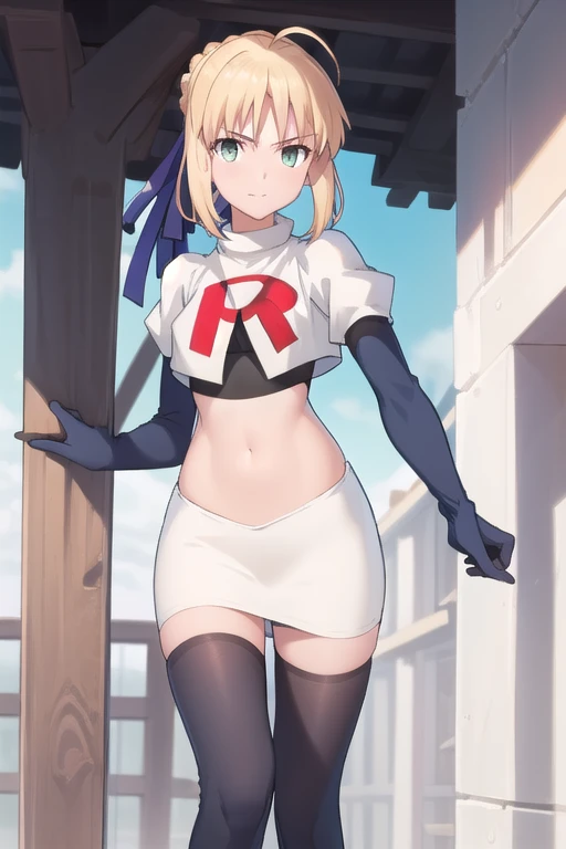 best quality, masterpiece, phSaber, phAltoria, 1girl, solo, blue ribbon, looking at viewer, french braid, hair bun, short hair, outdoors, team rocket,team rocket uniform,white skirt,red letter R,crop top,black thigh-highs,black elbow gloves