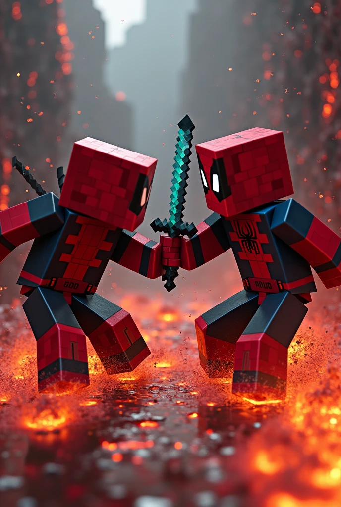 I want a Minecraft character with a Deadpool skin with a diamond sword stuck in the chest of another player with a Spider-Man skin while they are fighting in the air in the nether and a logo written (MINECRAFT UNIFICATION)