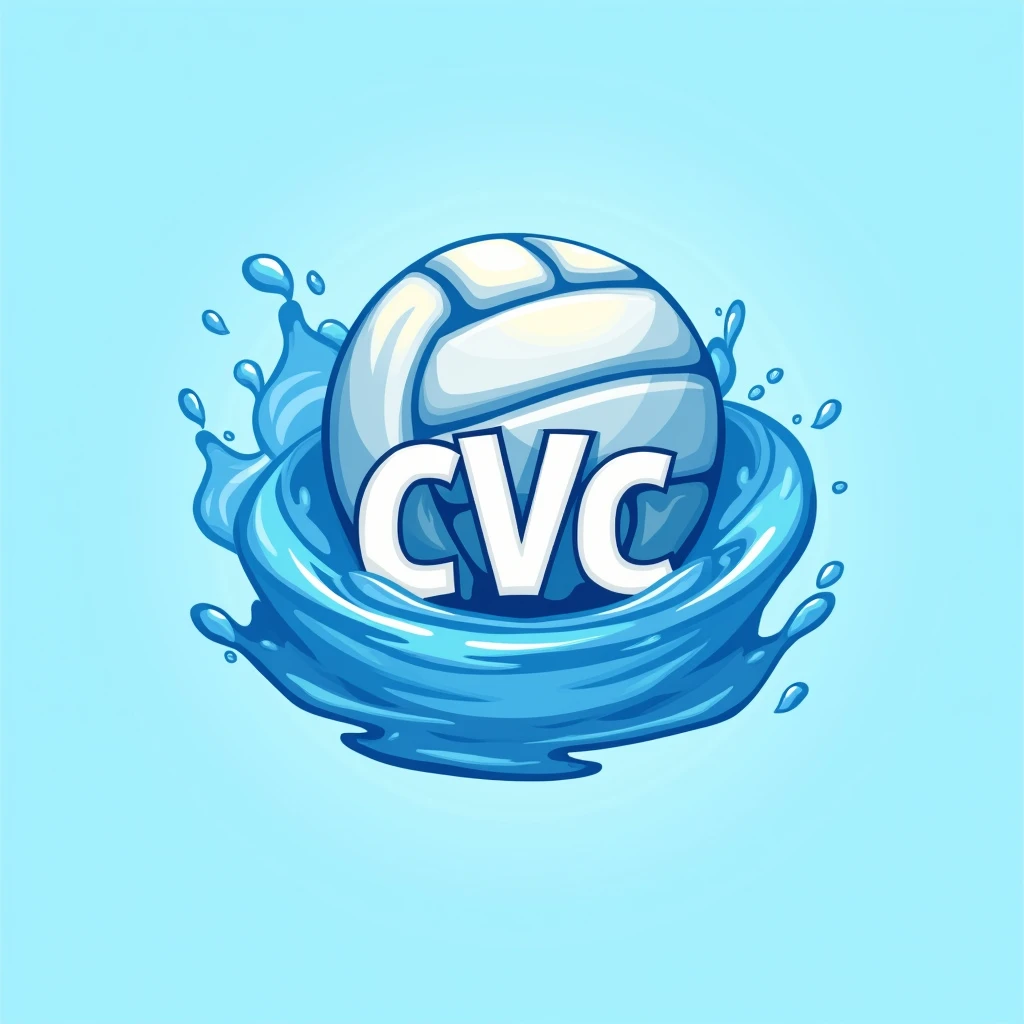 logo of a volleyball surrounded by a whirlpool, minimalist logo, light blue water background. The background has ripples like the sea being reflected in the sunlight., blue volleyball, Unique combination with volleyball is the text: "CVC". Water surrounds the ball generously, free, soar. Strong style, dynamic, energy, matter, cool. Beautiful round ball, and strong, energy, splash. The background is only blue.. 2D style, simple yet attractive logo. The text blends with the volleyball to form a logo.. Powerful water twisting, water jets, giọt splash, Text closer to the ball or uniquely combined with the ball. Unique Volleyball Combination Lettering.