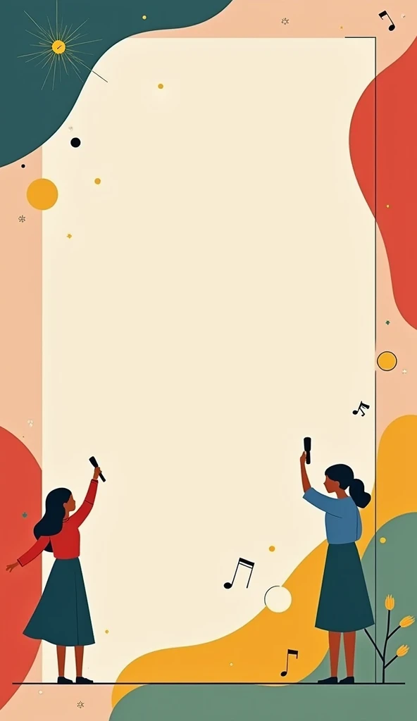 Create a minimalist invitation. Use red, blue, green and yellow colours. Have elements of singing and dance in the corner. Have rectangle borders and only girls.