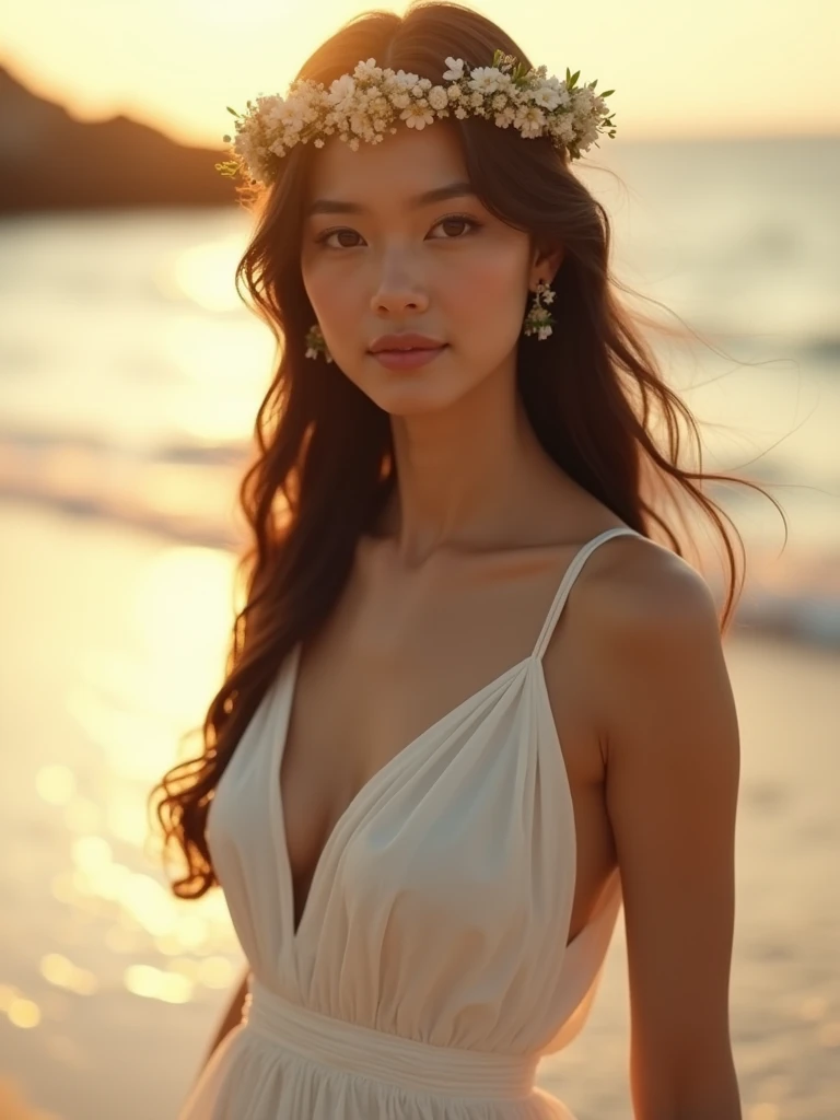 ((chef-d'œuvre, 8k, Meilleure qualité, haute résolution:1.3)), (une jeune femme asiatique, Cheveux long et brun, (son visage est parfait avec des traits délicats:1.2), (elle a des sourcils épais:1.2), nez épaté, poitrine moyenne, (elle porte une belle robe blanche de la Grèce antique:1.2), (sur sa tête se trouve un joli diadème composé de diverses fleurs colorées:1.2), (she is on a Greek island walking aLong the beach at sunset:1.2), (l'image la capture à partir de la taille:1.2), (son corps est parfait et mince:1.2), (elle sourit pour la photo:1.4), (effet bokeh sur la photo:1.2), (Effet de vignette:1.2), (Appareil photo Canon EOS 5DS R, parfait pour capturer les détails et la beauté de la scène:1.2), (associé au Canon EF 85mm f/1.Objectif 4L IS USM:1.2), (La scène est baignée de douceur, Lumière chaude du coucher du soleil:1.2), (sa pose confiante et gracieuse mettant en valeur son élégance naturelle:1.2), (un moment figé dans le temps, capturer l'essence de la beauté et de la sérénité grecques:1.3), (ultra photoréaliste, mettant en valeur ses traits et le cadre idyllique de la plage:1.3), (une image qui transporte le spectateur dans un moment captivant et romantique:1.2), (une scène qui illustre la beauté de la forme humaine dans un cadre intemporel:1.2), (((SFW))), Cinématique, hyper détaillé, détails fous, Magnifiquement étalonné en couleurs, Cinématique Lightning, incroyablement détaillé et complexe, Hyper maximaliste, volumétrique, en couleur, HDR, Faible profondeur de champ, film hollywoodien à gros budget, cinémascope, lunatique, épique, magnifique