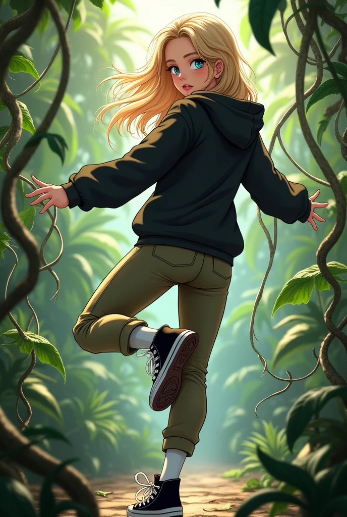 High school white girl, blonde hair, blue eyes, tight khaki pants, black high top converse shoes, black hoodie, white socks, one leg kicking in the air towards the camera, jungle background, full body, backside, butt, thick vines coiled around the girls legs, one vine coiled around the girls foot.