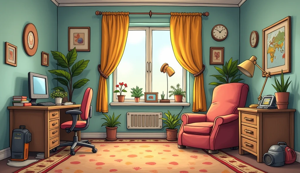 A ROOM WITH MANY OBJECTS AROUND IT CARTOON
