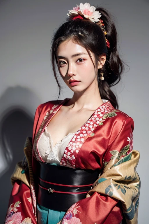 ((Highest quality)), ((masterpiece)), (detailed), Kimono with open chest、Japanese woman with a ponytail and a red face