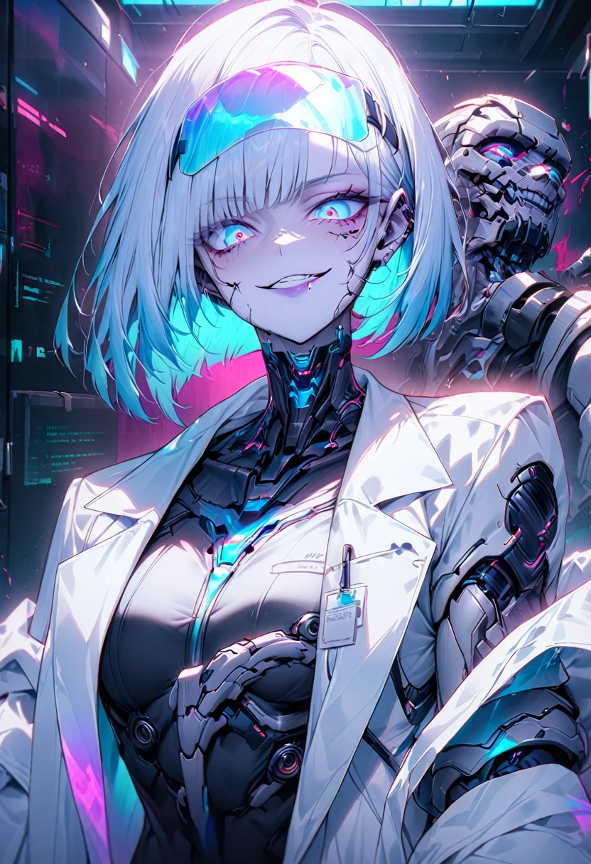 solo female, medium shot, iridescent eyes, electric blue hair, straight hair, asymmetric bob cut, pale skin, brilliant skin, athletic, cyborg hands, doctor's office, cyberpunk, surgeon, smirk, cheeky, holographic visor, white lab coat, blood