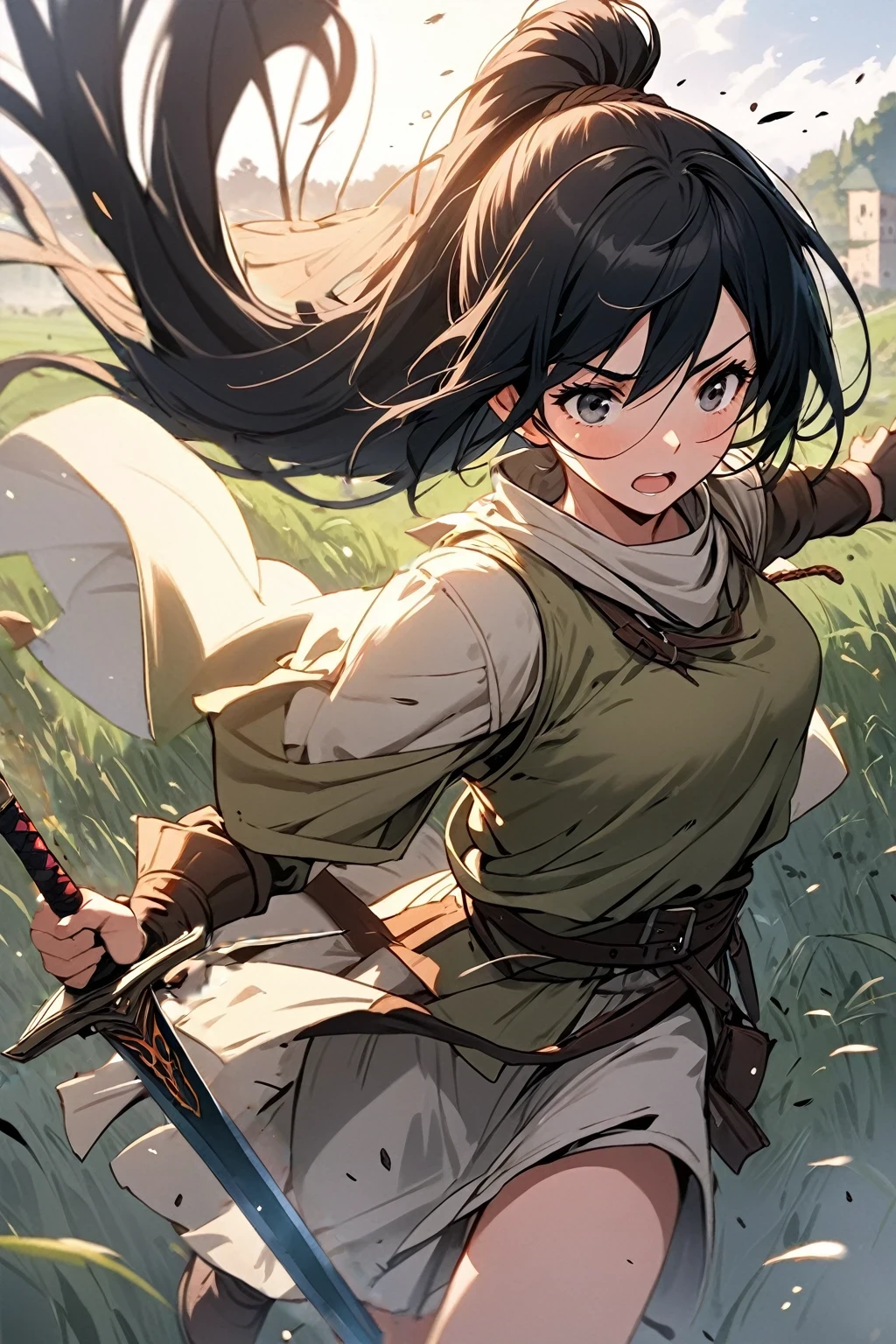 She is holding a sword in her right hand and an enemy is chasing her from behind.