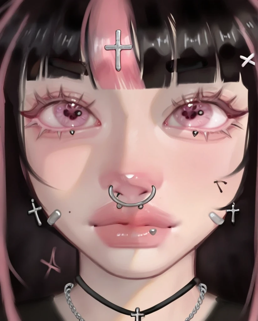 score_9, score_8_up, score_7_up,  puririkaaa_style,close-up, portrait,solo, looking at viewer,dark shading,render,shading,black hair with pink highlights,blunt bangs, cross necklace, black shirt, x hair accesory, piercings