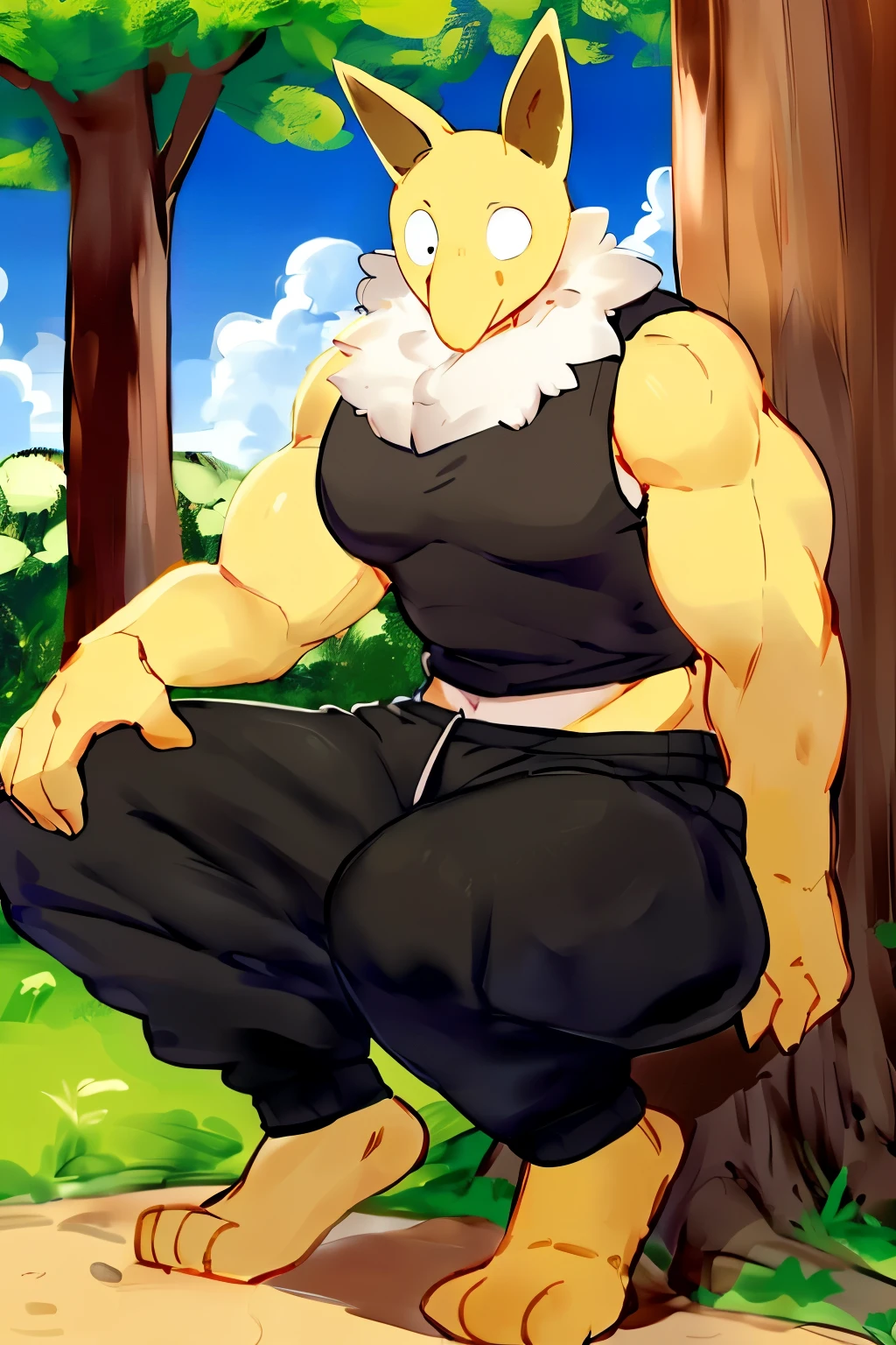 Furry, Anthro, solo, Hypno, Male, (((muscular body, massive thighs, massive male pectorals, fluffy neck, wearing white fur around neck, sitting up against tree, knee up, hand on knee, looking at viewer))), ((((massive biceps, yellow skin)))), ((((((massive bulky torso, wearing black tanktop, wearing black sweatpants, barefoot, wide-eyed, head tilted)))))), full body shot, side view, meadow, forest, clouds, sky, by buta99, by zackary911, by bebebebebe, (((digital painting)))