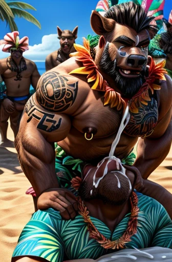 Super muscular adult boar beastman,(Wear Hawaiian traditional clothing:1.7),Open your mouth and stick out your tongue,(Surrounded by erect men),(a large amount of semen on the face and body,:1.8),Outdoor,Southern Island,(Deep Throat:1.5),(Nipple ring piercing:1.3),Cumshot from huge red and black erect penis,scrotum,Brown fur,Black hair and beard,Anal Sex,On all fours,Tattoo