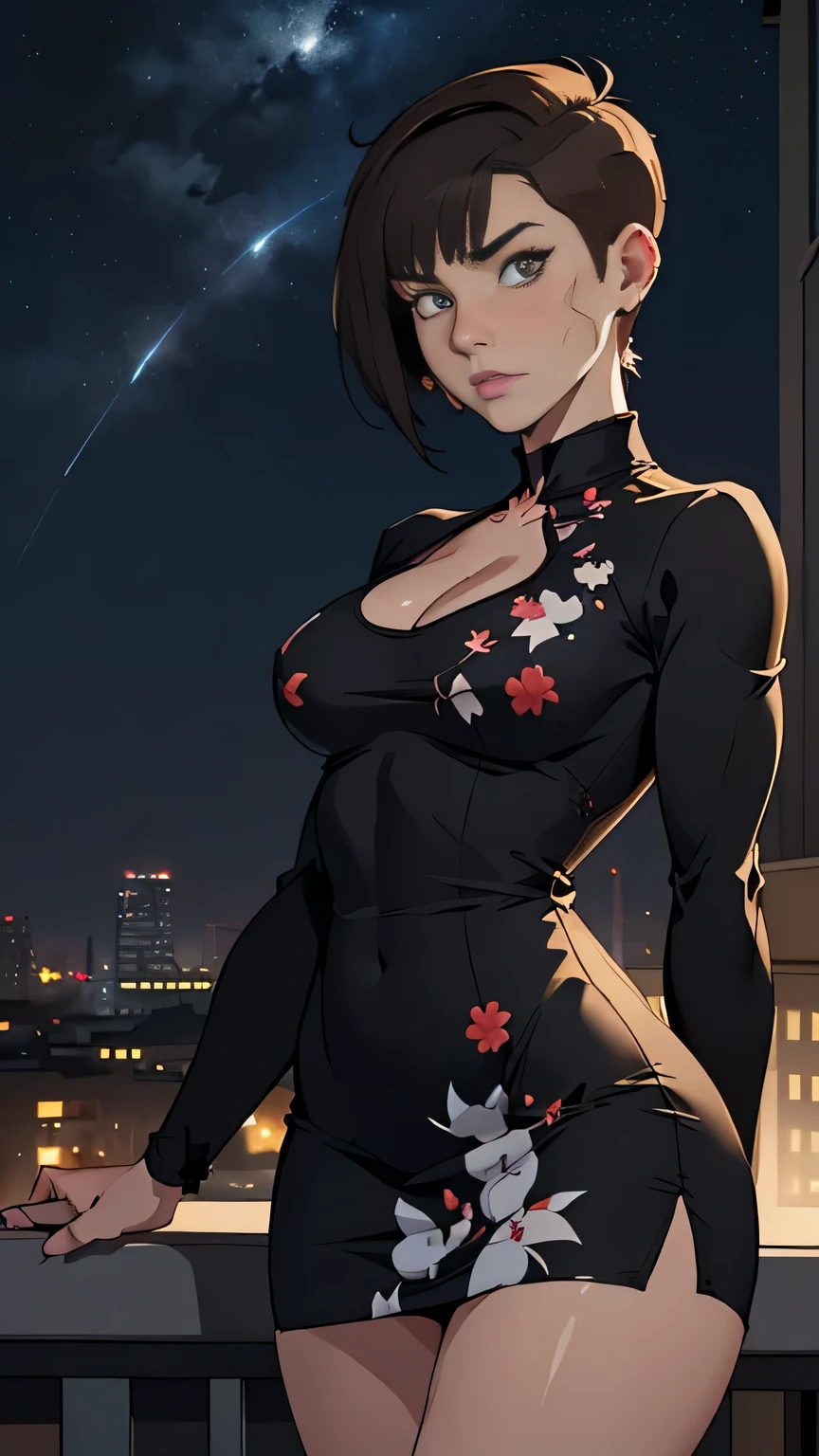 photo of mlp Meowko, RAW, beautiful woman, ((portrait)), ((detailed face:1.2)), ((anime face, anime facial feature, beautiful anime mouth, clear skin, clear skin), (short messy lesbian haircut, one shaved side, brunette: 1.55), (perfect proportioned body, Strong, muscular, narrow waist, narrow hips, skinny, large breasts), (revealing clothes, wearing Short black long-sleeved stretch jersey dress with cherry print), (city balcony, midnight city, stary sky), (realistic photo, best quality, detailed), (8k wallpaper), (cinematic lighting, beautiful light, (day:1.3)) (sharp focus, intricate)