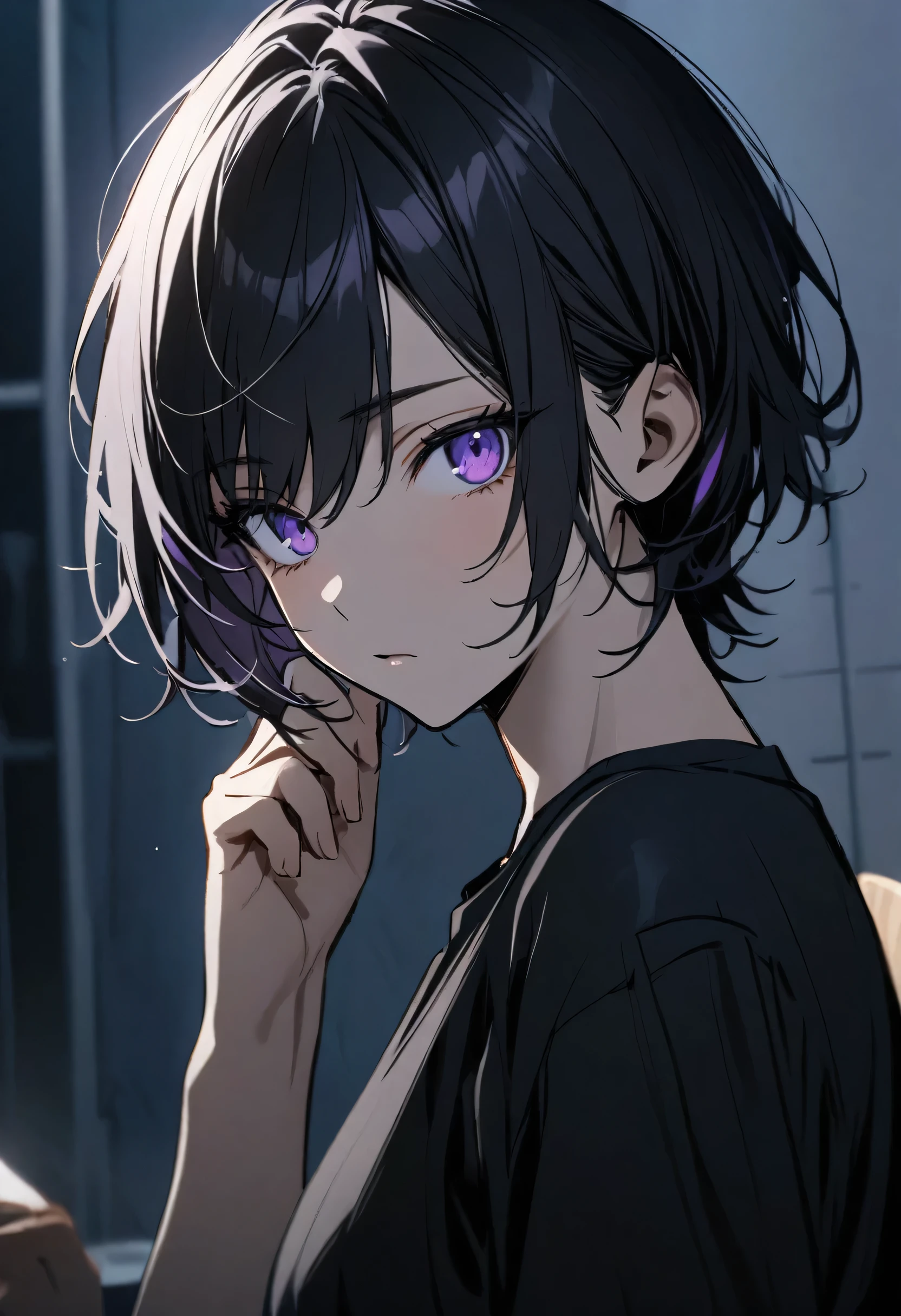 Beautiful, One, 1 man, short hair, black hair, purple eyes, black shirt, light tanned skin