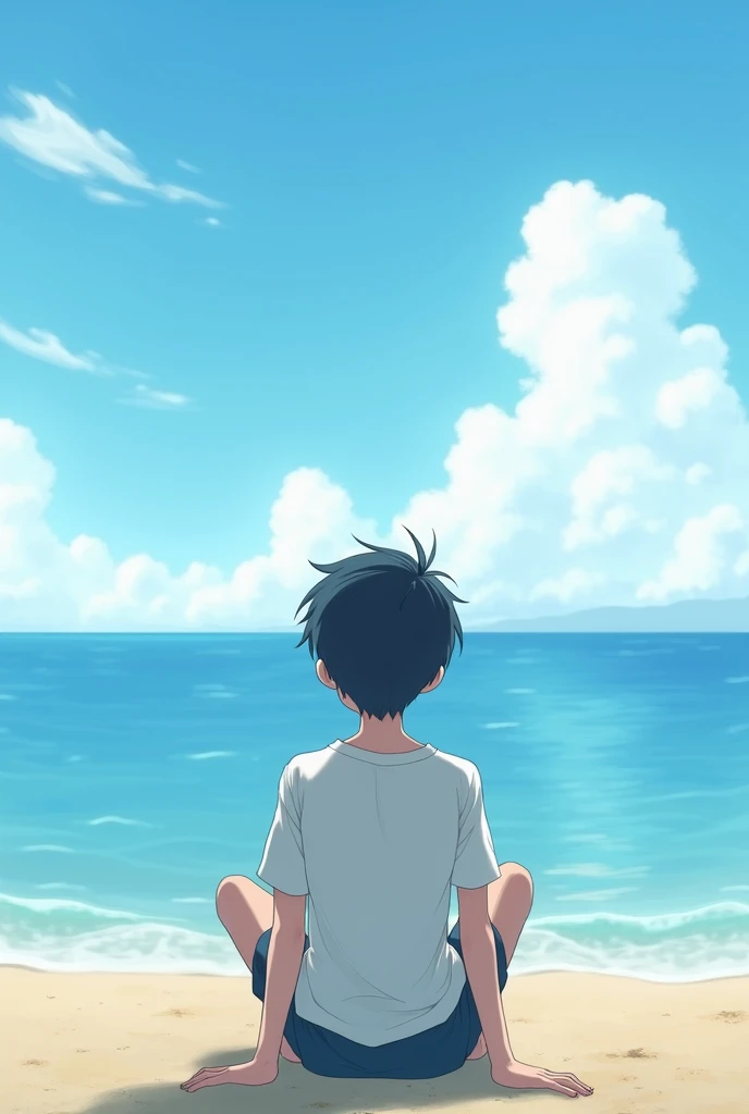 An anime boy in a t-shirt sitting on the shore looking out into the distance 
