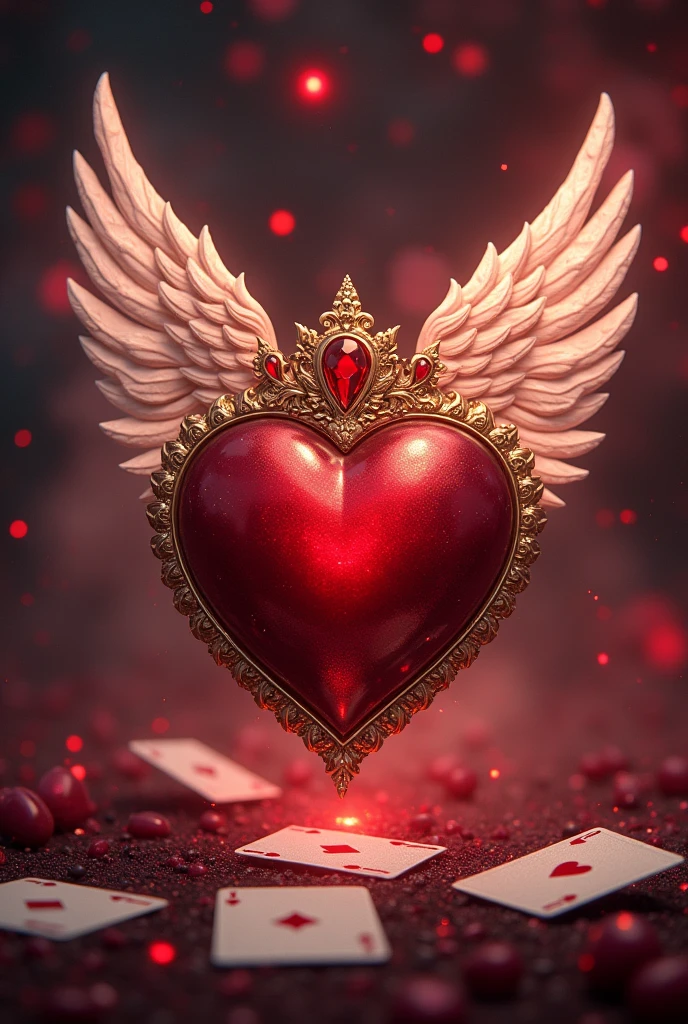 heart with wings, behind a galaxy of red stars, with a golden crown with many blood gems, Alice in Wonderland type, with poker cards
