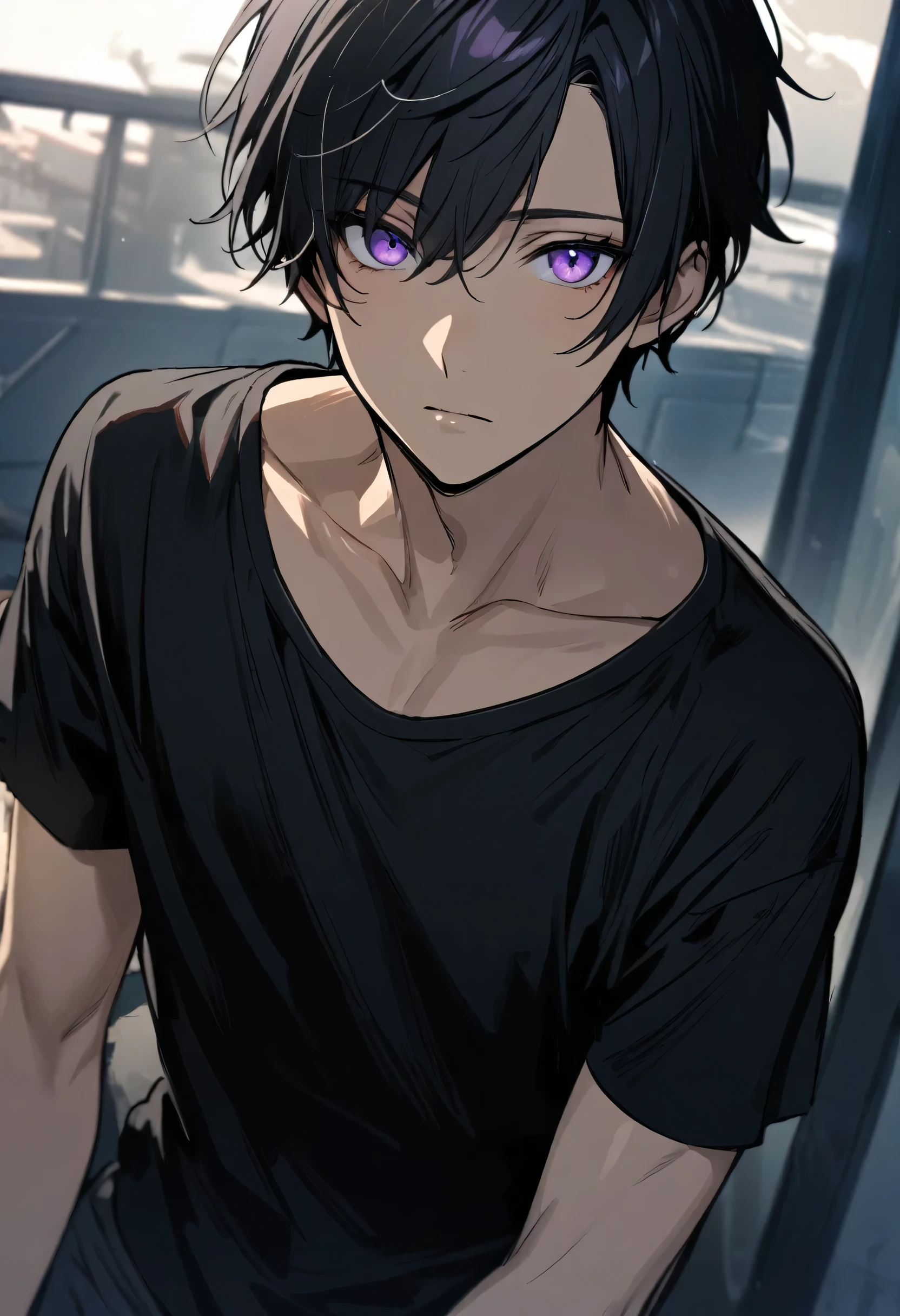 Beautiful, One, 1 man, short hair, black hair, purple eyes, black shirt,  light tanned skin