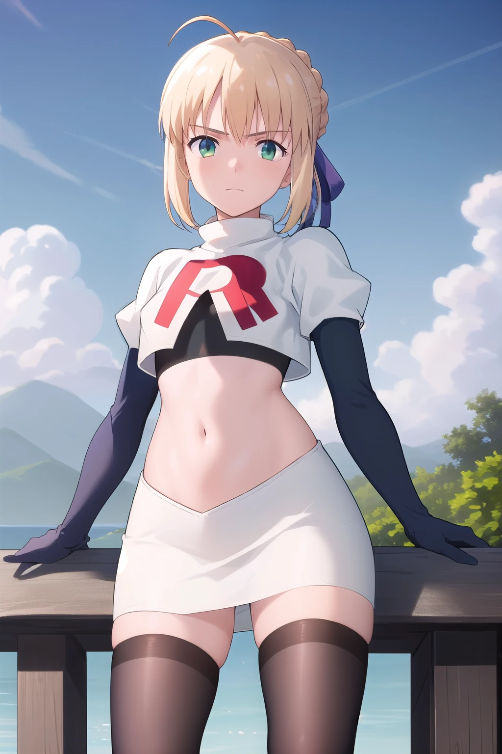 best quality, masterpiece, phSaber, phAltoria, 1girl, solo, blue ribbon, looking at viewer, french braid, hair bun, short hair, outdoors, team rocket,team rocket uniform,white skirt,red letter R,crop top,black thigh-highs,black elbow gloves
