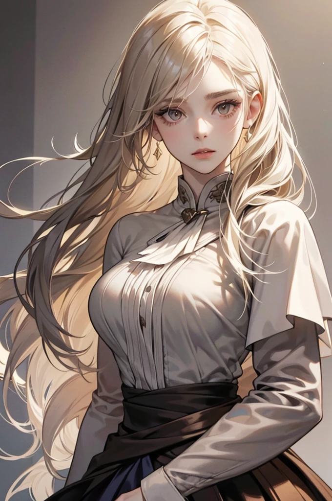 long hair,Pale skin, sharp face, brown eyes, 1female, skinny, medium_breasts, capelet, fantasy, platinum blonde hair, solo, Beautiful drooping eyes, doctor, the common people, messy hair, gentle face