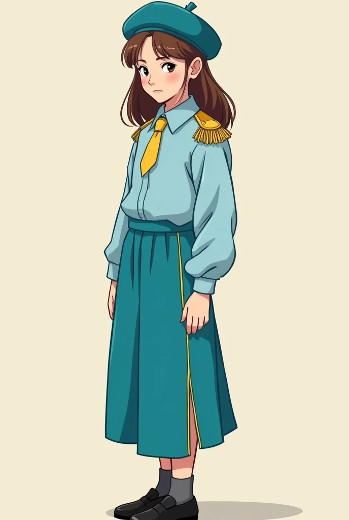 15 year old girl with long sleeved light blue shirt, Turquoise blue skirt with straight line on the side in gold, Simple golden shoulder pads, gold tie, black shoes and turquoise blue beret